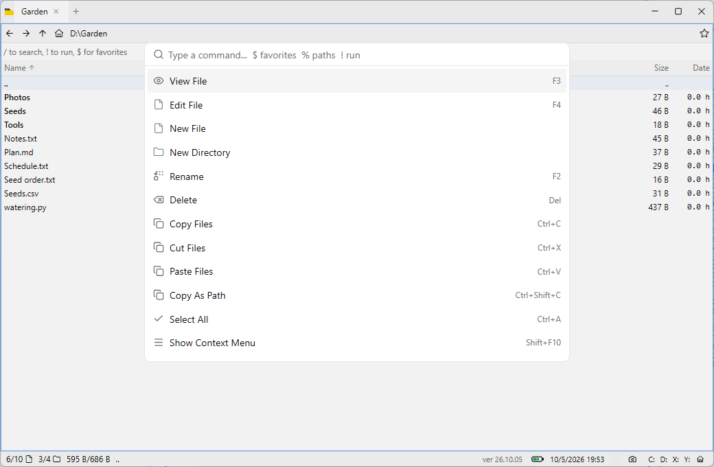 Command palette listing commands with their keyboard shortcuts