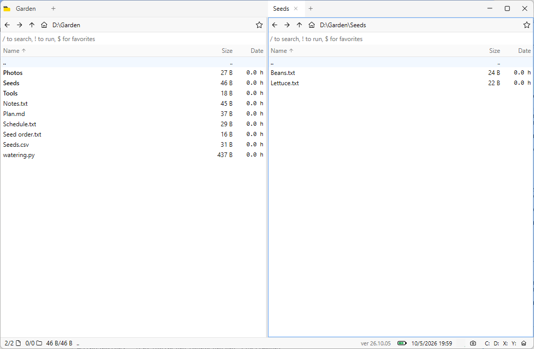 Window split into two panes side by side, each with its own tab and path bar