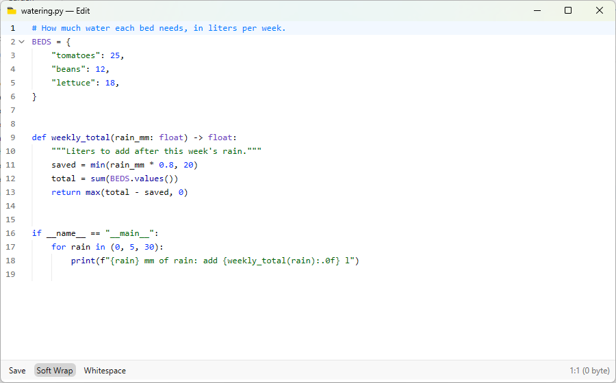 Built-in text editor showing a Python file with syntax coloring